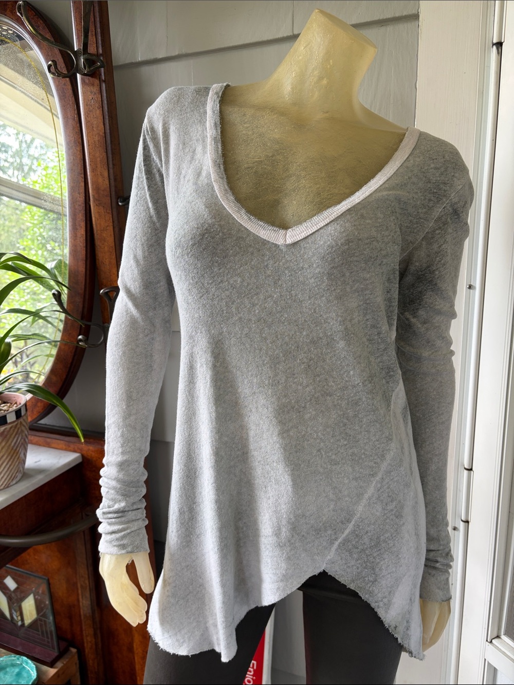 Free People Light Green Long Sleeve V-Neck Women's Top